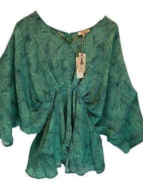 easel Tropical Teal Palm Leaf-Print Gathered Front Blouse Dolman Sleeves Size L
